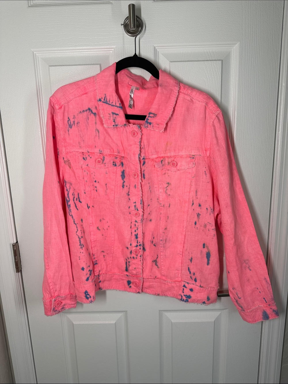 Lulu B’s fluorescent pink paint splatter linen jacket size XL